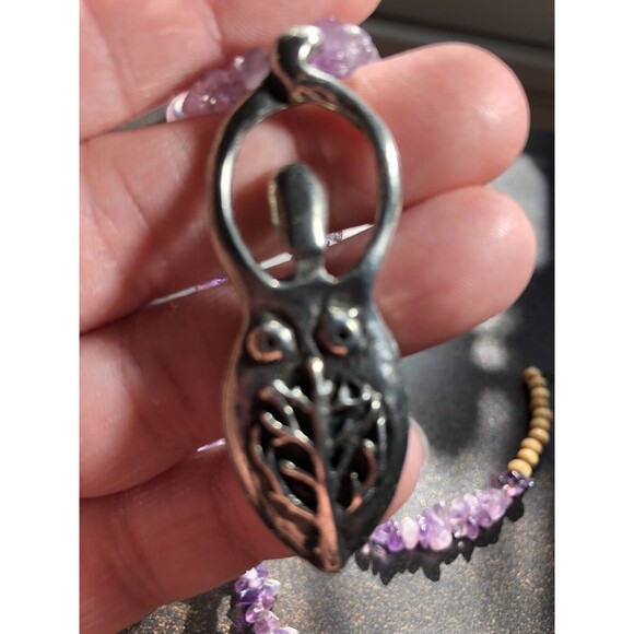 Amethyst Chip Bead Necklace with Goddess Tree Of Life Pewter Pendant Purple - Picture 8 of 11